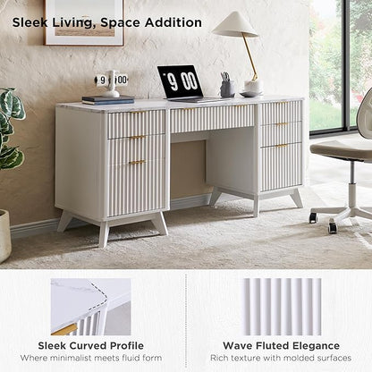 T4TREAM Fluted Executive Desk with Drawers, 60" Modern Home Office Computer Desk with Charging Station, File Cabinet, Keyboard Tray and Storage Cabinet for Study, Living Room, Bedroom, Solid White