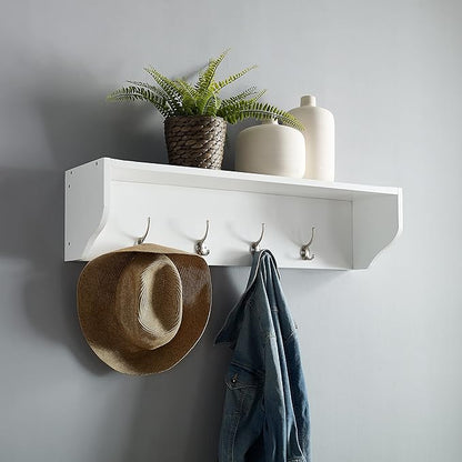 Crosley Furniture Harper Entryway Storage Wall Shelf, with Coat Rack Hooks for Hanging, White