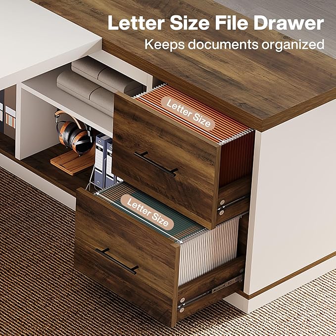 Tribesigns 78.7" L-Shaped Executive Desk, Modern Office Desk with 55.1" Storage Cabinet, Large Computer Table with Drawers and Shelves, Business Furniture Workstation for Home Office, Brown & White