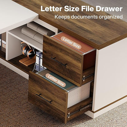 Tribesigns 78.7" L-Shaped Executive Desk, Modern Office Desk with 55.1" Storage Cabinet, Large Computer Table with Drawers and Shelves, Business Furniture Workstation for Home Office, Brown & White