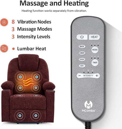MCombo Power Lift Recliner Chair for Elderly, Lift Chair with Heat and Massage for Tall People, USB&Type C Ports, Extended Footrest, Cup Holders, Fabric 7516(Large,Sangria)