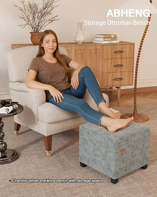 17.7 inches Chenille turfed Ottomans Cube with Legs, Metal-Framed Square Storage Ottoman Foot Rest Stool Holds 770 LB for Dorm Living Room Bedroom Gray UASN641G
