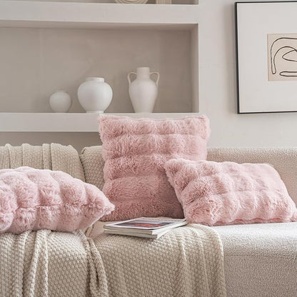 Neelvin Pink Faux Fur Cozy Soft Double-Sided Decorative Throw Pillow Covers 12x20 inch Set of 2,Velvet Pillowcase Cushion Case for Sofa Couch
