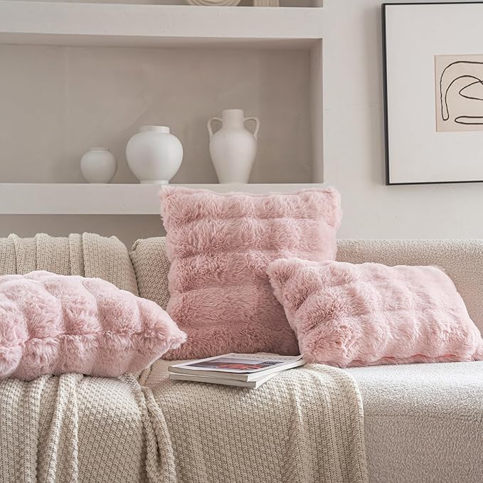 Neelvin Pink Faux Fur Cozy Soft Double-Sided Decorative Throw Pillow Covers 20x20 inch Set of 2,Velvet Pillowcase Cushion Case for Sofa Couch