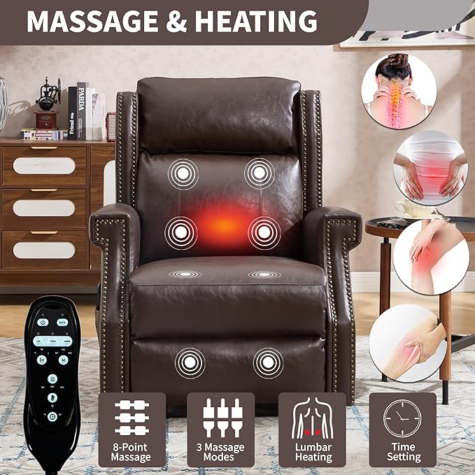 Manual Recliner Chair with Massage & Lumbar Heat, Breathable Leather Reclining Chair for Adults, Humanized Design Easy to Install Living Room Recliners Brown