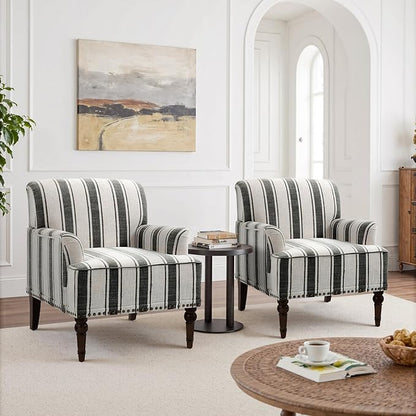 Pia Ricco Stripe Accent Chair-Modern Nailhead Trim & Wood Legs Armchair - Comfy Living Room, Bedroom, or Home Office Seating-Black