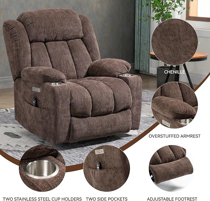 Power Lift Chair for Elderly, Electric Recliner Chair with 8-Point Vibration Massage and Lumbar Heating, Charging Ports, Cup Holders, Standing Assistance Reclining - Brown