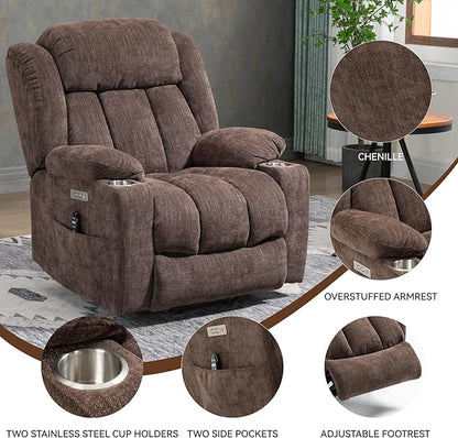 Power Lift Chair for Elderly, Electric Recliner Chair with 8-Point Vibration Massage and Lumbar Heating, Charging Ports, Cup Holders, Standing Assistance Reclining - Brown