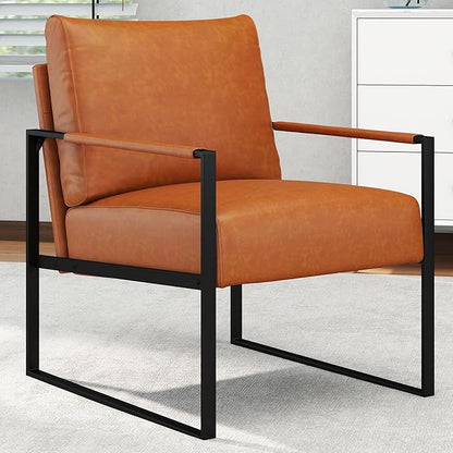 CANMOV Mid Century Modern Accent Chair, PU Leather Armchair with Metal Frame,Comfy Single Reading Chair with Soft Padded Backrest and Cushion for Living Room, Bedroom,Reading Room,Office,Brown