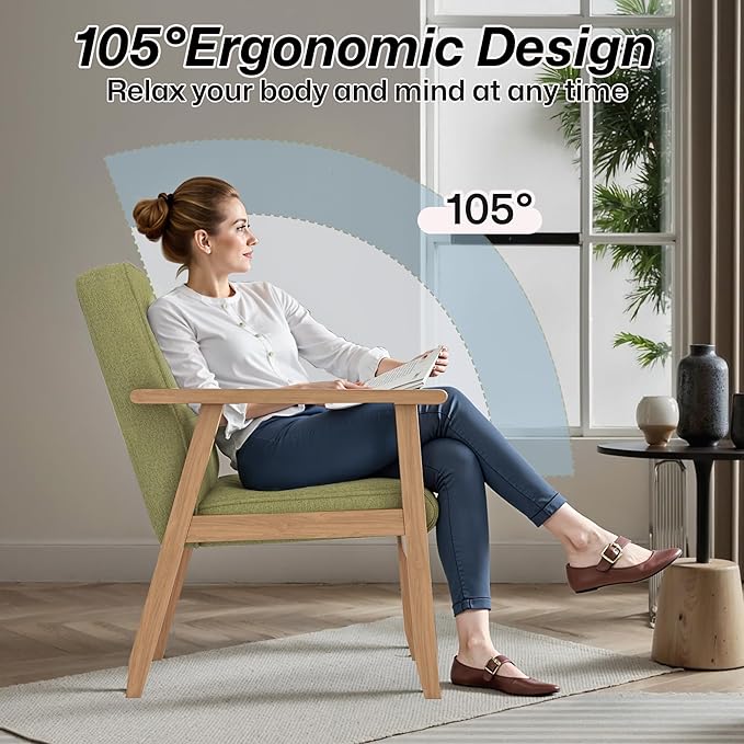 Modern Accent Chair with Arm Rest, Upholstered Linen Fabric Leisure Chair Comfy Side Chair with Backrest Button and Wooden Frame for Living Room Bedroom Reading(Green)
