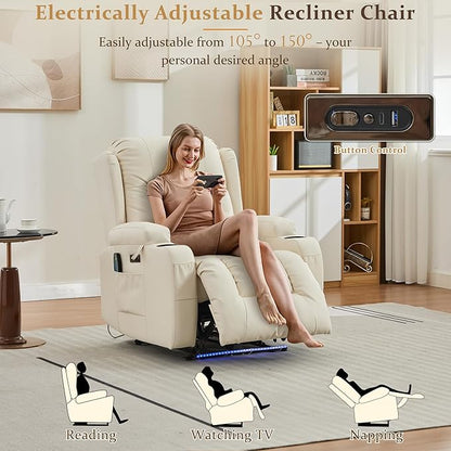 URRED Power Recliner Chair with Massage and Heat for Adults, Electric Reclining Sofa Home Theater Seating with Ambient Light, USB Ports, Cup Holders, Side Pockets, Pillow, Faux Leather (Beige)