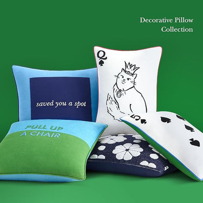 Kate Spade New York Saved You A Spot Reversible Decorative Pillow, 20" x 20" Throw Pillow for Bed or Sofa, Cotton and Linen Cover, Blue, 20 x 20