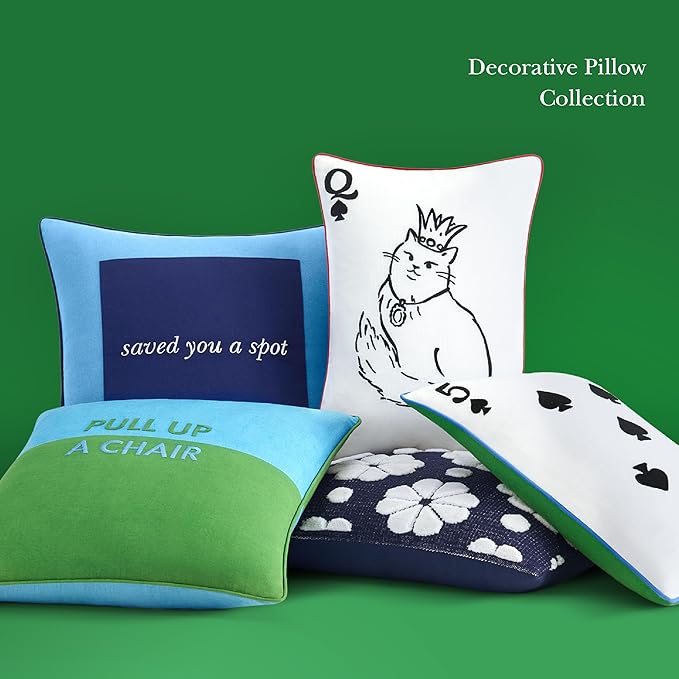 Kate Spade New York Pull Up A Chair Reversible Decorative Pillow, 20" x 20" Throw Pillow for Bed or Sofa, Cotton and Linen Cover, Blue and Green, 20 x 20