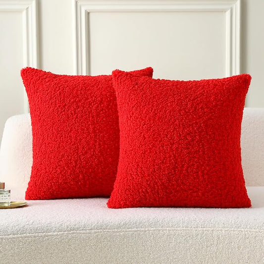 FUTEI Christmas Red Throw Pillow Covers 18x18 Inch Set of 2,Furry Faux Fur Teddy Boucle Textured Cushion Covers,Soft Fluffy Decorative Pillow Case,Home Decor for Couch Bed Living Room Office Car