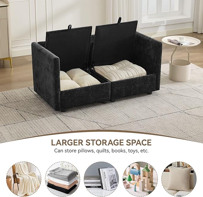 55" Cloud Modular Loveseat Sofa with Storage, Modern Upholstered Sofa Couch Small Love Seat，2 Seater Chenille Comfy Sectional Sofa with Armrests for Living Room, Small Space, Black
