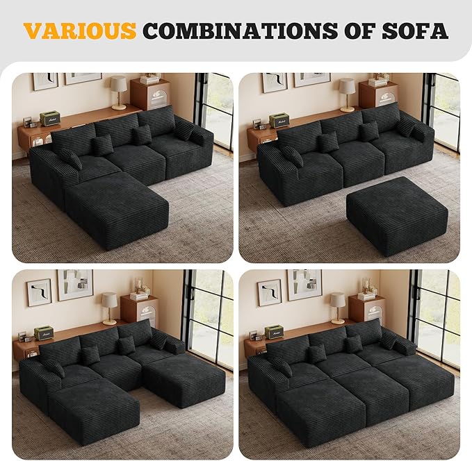 113" Modular Sectional Sofa, Convertible U-Shaped Cloud Couches for Living Room with Ottoman, 5 Seater Corduroy Boneless Couch Sofa Set, No Assembly Required, Black 1 PCS