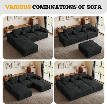 113" Modular Sectional Sofa, Convertible U-Shaped Cloud Couches for Living Room with Ottoman, 5 Seater Corduroy Boneless Couch Sofa Set, No Assembly Required, Black 1 PCS