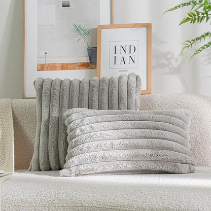 DEELAND Pack of 2,Double-Sided Faux Fur Plush Decorative Throw Pillow Covers Fuzzy Striped Soft Pillowcase Cushion Covers for Sofa Couch Bedroom Lightgrey 20x20 inch