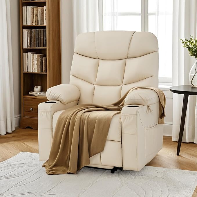 MCombo Power Lift Recliner Chair with Extended Footrest for Elderly People, Faux Leather 7287 (Cream White, Medium)