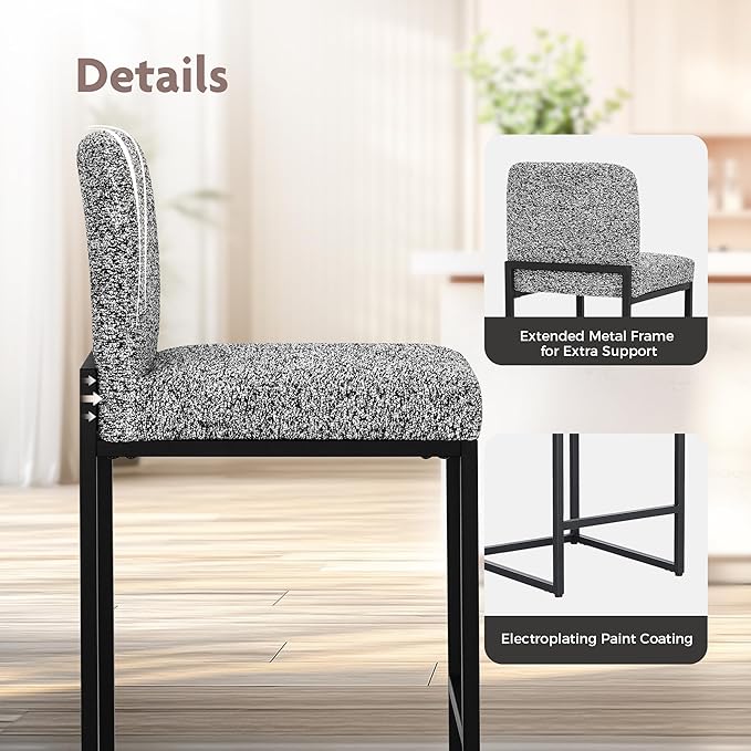 ALPHA HOME 24" Bar Stools Set of 2 Kitchen Counter Stools with Back, Counter Height Stools with Upholstered Footrest for Kitchen Island, Metal Steel Frame, Chenille, Gray