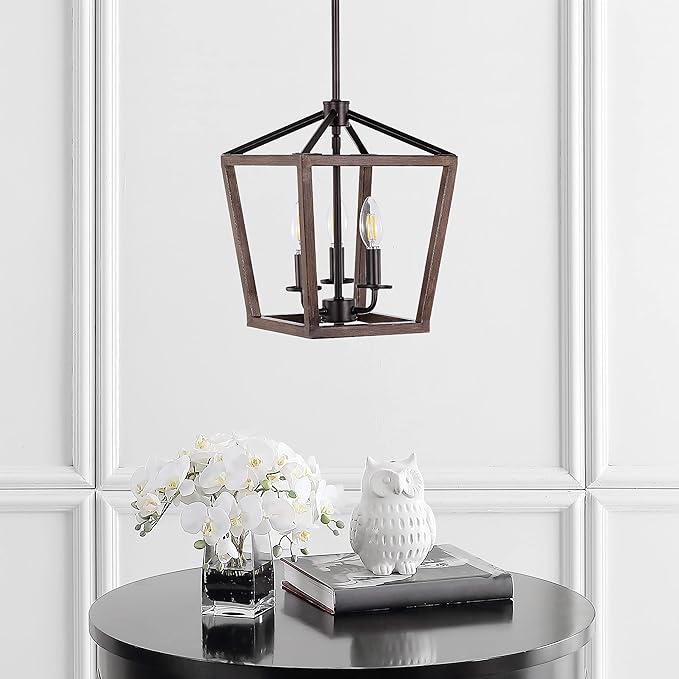 JONATHAN Y JYL1321A Pagoda 10" 3-Light Iron Farmhouse Industrial Lantern LED Pendant, Rustic, Bohemian, Coastal, for Dining Room, Kitchen, Living Room, Oil Rubbed Bronze/Faux Wood