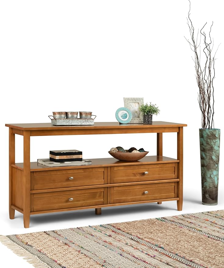 SIMPLIHOME Warm Shaker Wide Console Table - 60 Inch Wide Solid Wood Sofa Table in Light Golden Brown, Transitional Storage for Living Room with 4 Drawers, Open Shelf, and Brushed Nickel Knobs