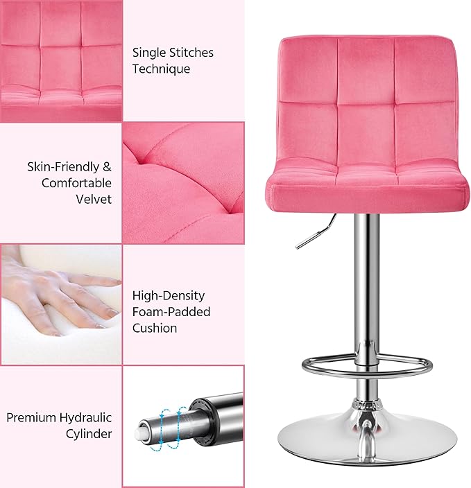 Yaheetech Pink Velvet Bar Stools, Adjustable Barstools Set of 4, Armless Swivel Counter Stools with Thickened Seat Cushion for Kitchen Island, Pink