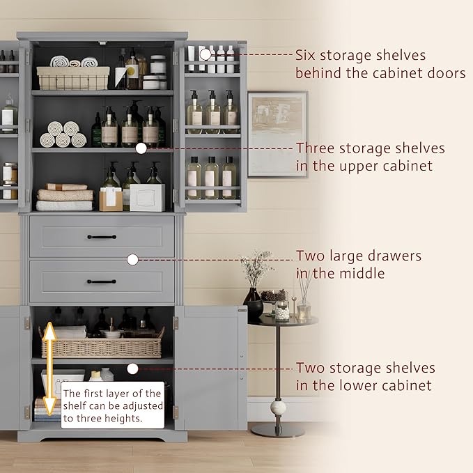 Tall Storage Cabinet, Bathroom Floor Freestanding Storage Cabinet with 2 Doors, Adjustable Shelf, and 2 Drawers for Bathroom, Office, Living Room, MDF Board, Grey
