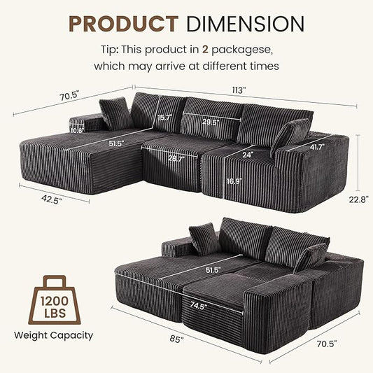 Apicizon 113" Sectional Sofa Couch for Living Room, 3 Seat Boneless Sofa with Chaise Longue, L-Shape Modular Sectional Couches with Deep Seat for Apartment，No Assembly Required (Stripe Corduroy Gray)