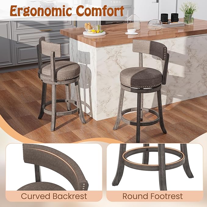 COSTWAY Bar Stools Set of 4, Upholstered Farmhouse Bar stools with Cushioned Seat & Backrest, Solid Wood Legs, Footrest, 26” Counter Height Swivel Stools for Kitchen Island, Pub (4, 26'' Seat Height)