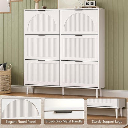 Shoe Cabinet for Entryway with 6 Flip Drawers, Slim Wooden Shoe Storage Organizer with Modern Fluted Pannel，Freestanding Narrow Hidden Shoe Rack for Hallway, Foyer, Living Room