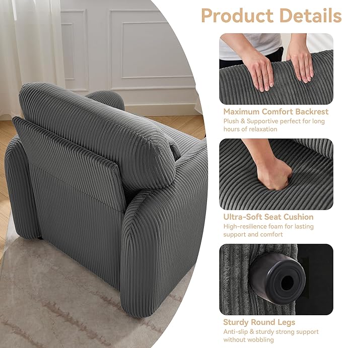 Corduroy Fabric Accent Chair, Modern Upholstered Living Room Chairs with Lumbar Pillow, Wide Comfy Leisure Armchair for Bedroom, Office, Reading, Grey