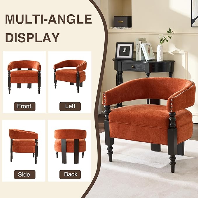 LOULENS Barrel Accent Chair, Vintage Chenille Upholstered Lounge Chair with Solid Wood Legs, Comfy Leisure Side Armchair for Living Room, Bedroom, Reading Nook, Corner, Orange