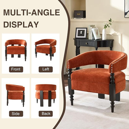 LOULENS Barrel Accent Chair, Vintage Chenille Upholstered Lounge Chair with Solid Wood Legs, Comfy Leisure Side Armchair for Living Room, Bedroom, Reading Nook, Corner, Orange