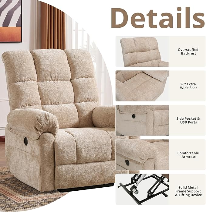 Oversized Power Lift Recliner Chair for Elderly, Electric Lift Chair with Masssage and Heat, Overstuffed Power Recliner for Adults, 3 Positions,USB Ports, Side Pockets,Beige