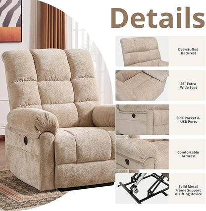 Oversized Power Lift Recliner Chair for Elderly, Electric Lift Chair with Masssage and Heat, Overstuffed Power Recliner for Adults, 3 Positions,USB Ports, Side Pockets,Beige