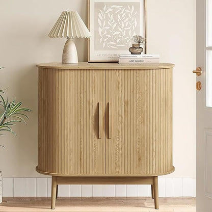 31" Small Sideboard Buffet Cabinet with Storage, Sliding Doors, Wooden Narrow Accent Storage Cabinet, Modern Buffet Table for Kitchen, Living Room (Wood)