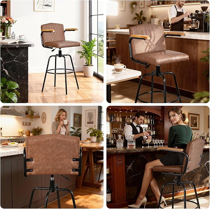 VECELO Bar Stools Set of 2, Swivel Faux Leather Bar Stools with Backs and Footrest, for Kitchen Islands, Dining Counters, Home Bars, Brown