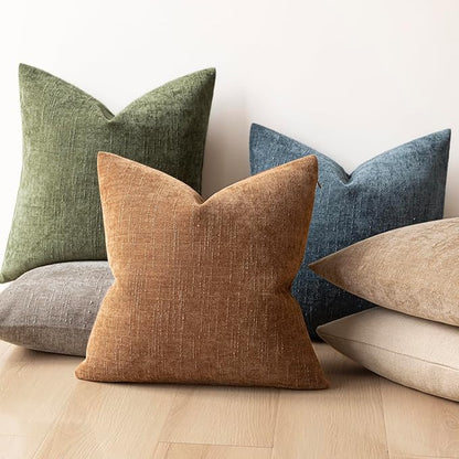 Foindtower Pack of 2 Soft Textured Chenille Throw Decorative Pillow Covers Square Accent Solid Cushion Cover Cozy Neutral Farmhouse Pillow Case for Couch Sofa Bedroom Living Room 18x18 Inch,Dark Green