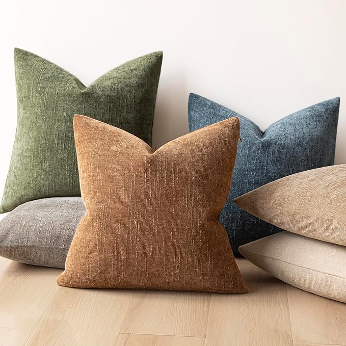 Foindtower Pack of 2 Soft Textured Chenille Throw Decorative Pillow Covers Square Accent Solid Cushion Cover Cozy Neutral Farmhouse Pillow Case for Couch Sofa Bedroom Living Room 20x20 Inch,Dark Green