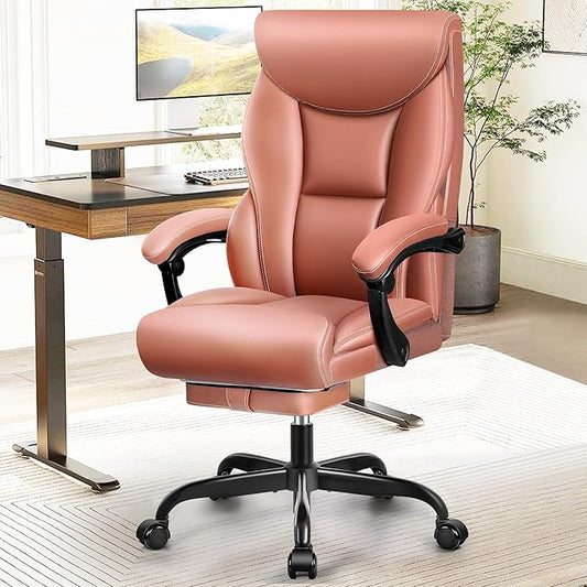 Office Chair, Executive Leather Chair Big and Tall Ergonomic Computer Desk Chair, Comfy Swivel Rolling Reclining Lumbar Support Task Chair with Adjustable High Back Foot Rest for Home Gaming