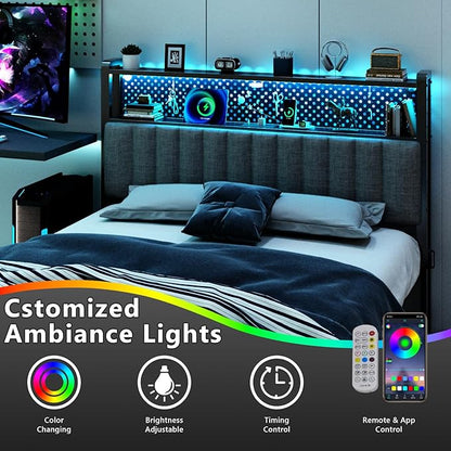 VINGLI Full Size Headboard Only, Adjustable Upholstered Headboard with 2 Tier Shelves and Pegboard with Charging Stations and LED Lights, Modern Bed Headboard with Storage for Bedroom Decor
