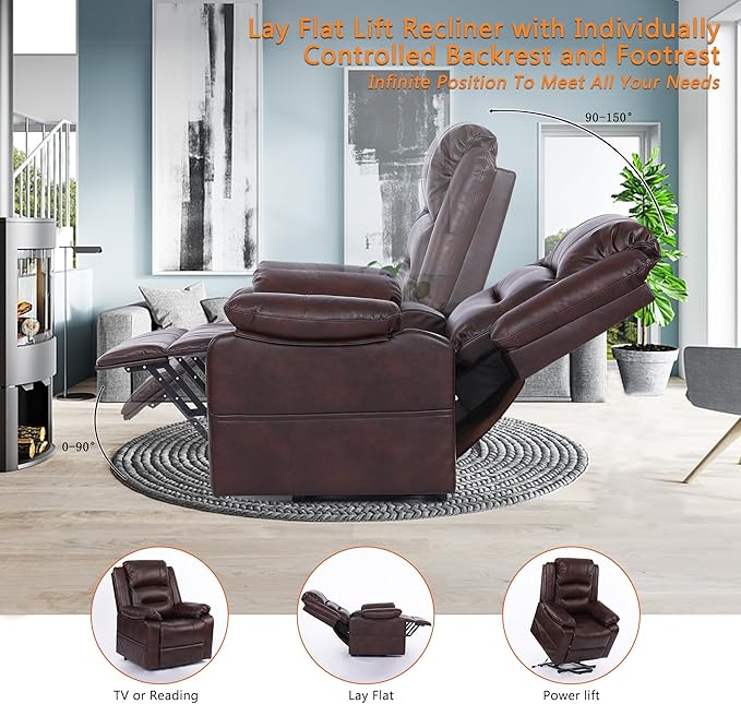 S*MAX Dual Motor Power Lift Recliners Chair for Elderly Infinite Position Full Air Leather Lay Flat Electric Recliner Chairs for Seniors Side Pockets USB Charge Port Brown