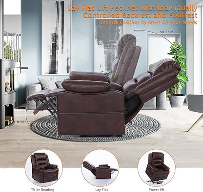 S*MAX Dual Motor Power Lift Recliners Chair for Elderly Infinite Position Full Air Leather Lay Flat Electric Recliner Chairs for Seniors Side Pockets USB Charge Port Brown