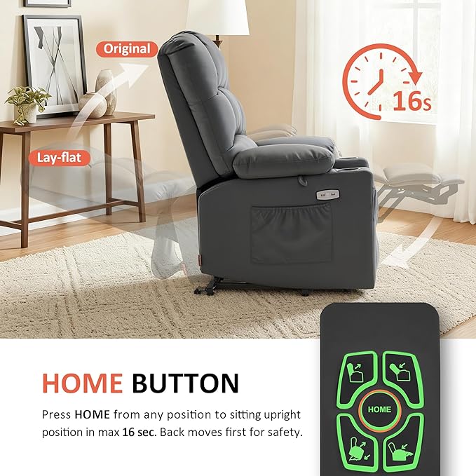 MCombo Large Dual Motor Power Lift Recliner Chair for Elderly, Massage and Heat, Lay Flat, Zero Gravity, Home Button, USB Port, Faux Leather 7680 (Dark Grey, Large)