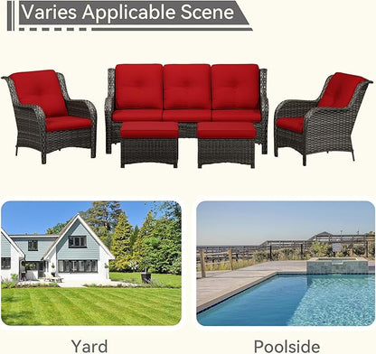 Patio Conversation Set 5-PCS Wicker Outdoor Furniture Conversation Set with 3-Seat Sofa, 2 Armchair, 2 Ottoman Patio Rattan Wicker Sectional Sofa Set with Olefin Cushion, Red