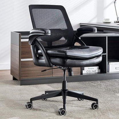 Big and Tall Office Chair, 500lbs Mesh Heavy Duty Ergonomic Desk Chair with Flip-up Armrests, Plus Size Wide Seat in PU Leather, 360 Swivel Computer Executive Task Chair for Home Office (Black)