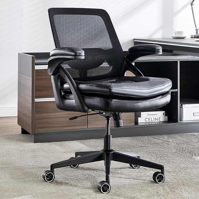 Big and Tall Office Chair, 500lbs Mesh Heavy Duty Ergonomic Desk Chair with Flip-up Armrests, Plus Size Wide Seat in PU Leather, 360 Swivel Computer Executive Task Chair for Home Office (Black)