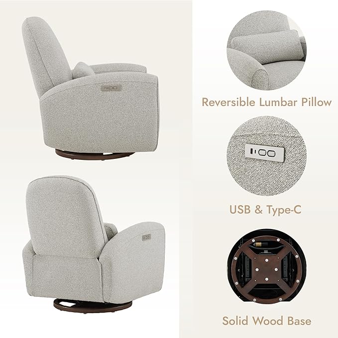 Watson & Whitely Swivel Glider Chairs, Nursery Rocking Chairs Power Recliner with Pillow Lumbar Support Charging Ports & Solid Wood Base for Living Room, Grey