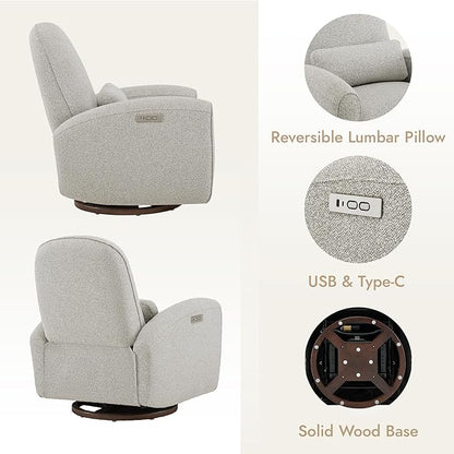 Watson & Whitely Swivel Glider Chairs, Nursery Rocking Chairs Power Recliner with Pillow Lumbar Support Charging Ports & Solid Wood Base for Living Room, Grey